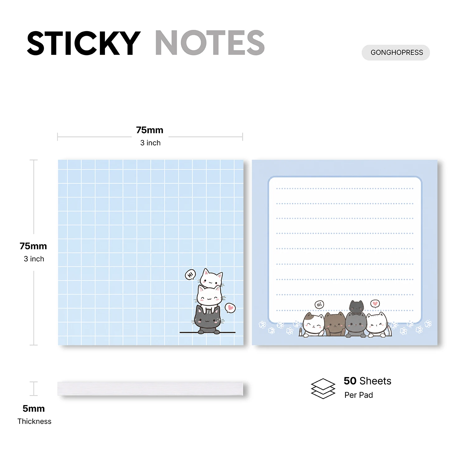 2pcs Cute Cat Sticky Notes Set, Kawaii Animal Self Stick Memo Pads, 100 Sheets Total, Blue Grid and Lined Notepads