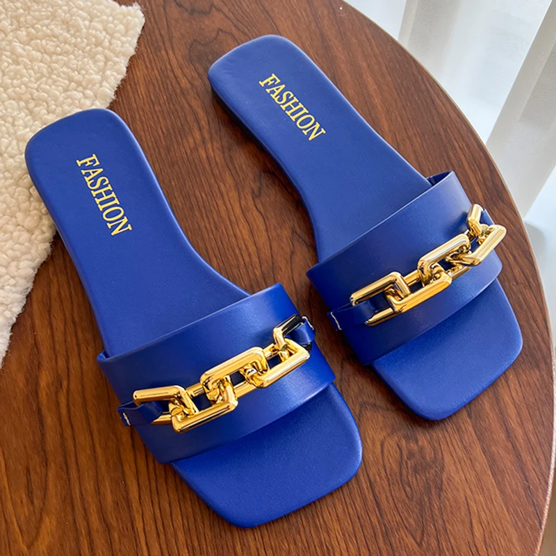 Ketting Vrouwen Slippers Zomer Platte Outdoor Luxe Vierkante Neus Design Sandalen Vrouwen Glijbanen 2024 Nieuwe Koreaanse Trend Big Size 35-42