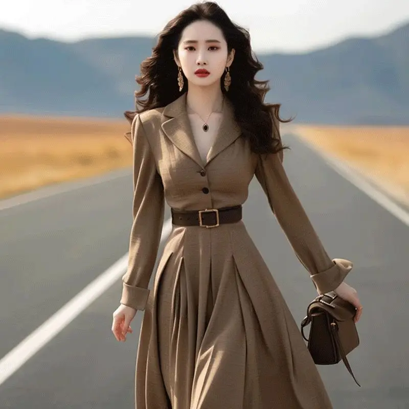 

Korea Elegant Women's Summer Dress Casual Loose Vintage Suit Collar Long Sleeve Belt A Line Bohemian Maxi Dress for Women