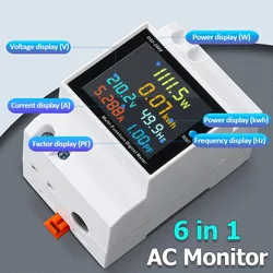 6IN1 Din Rail AC Monitor Voltage Current Power Factor Active KWH Electric Energy Frequency Meter Volt Amp 110V 220V 380V 100A