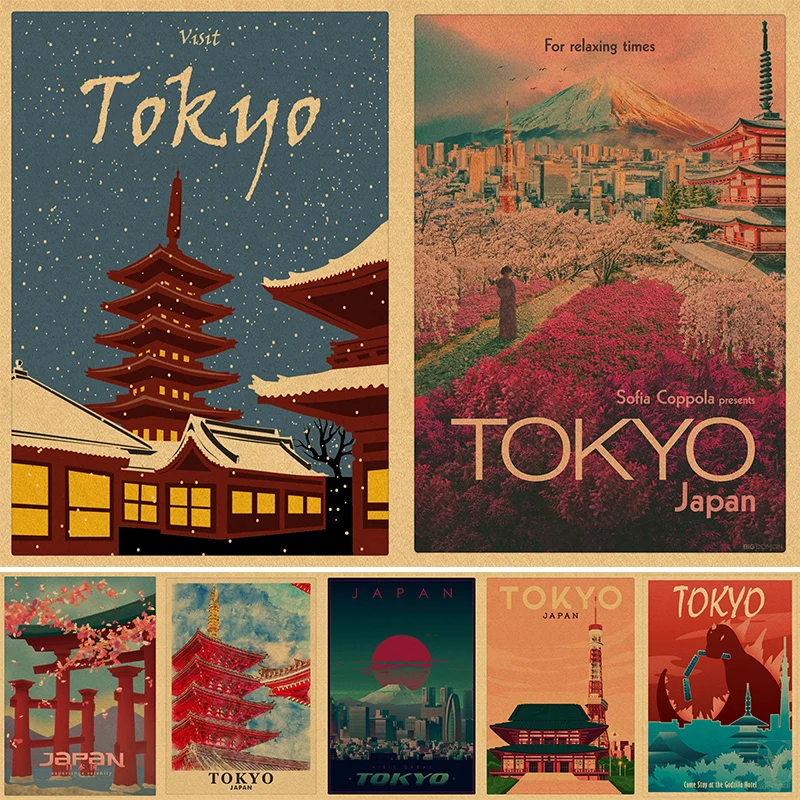 Japan Travel City Retro Kraft Paper Poster Mount Fuji Tokyo Osaka Hot Spring Nagoya Cherry Blossom Kimono Living Room Wall Decor