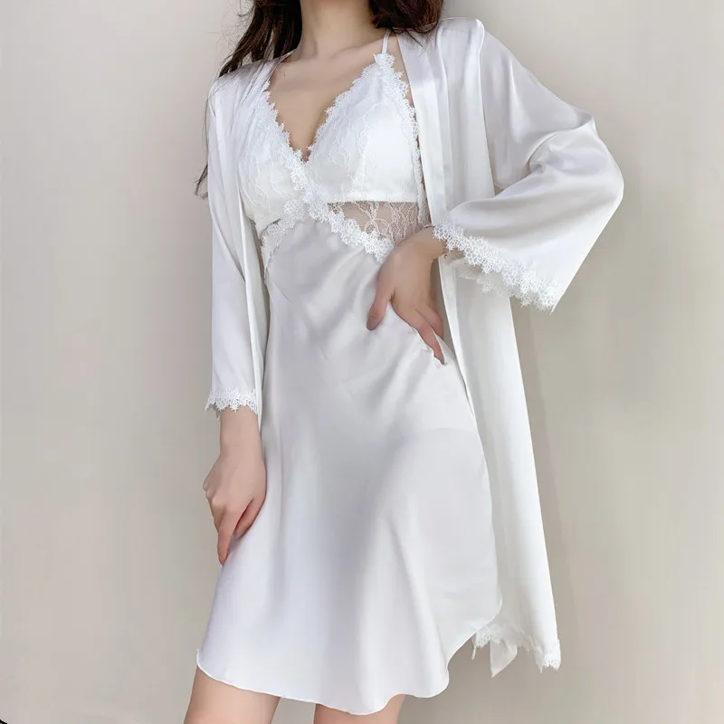 White Bride Wedding Robe Suit Sexy Lace Flower Trim Nightwear Women Spaghetti Strap Satin Homewear Loose Kimono Loungewear