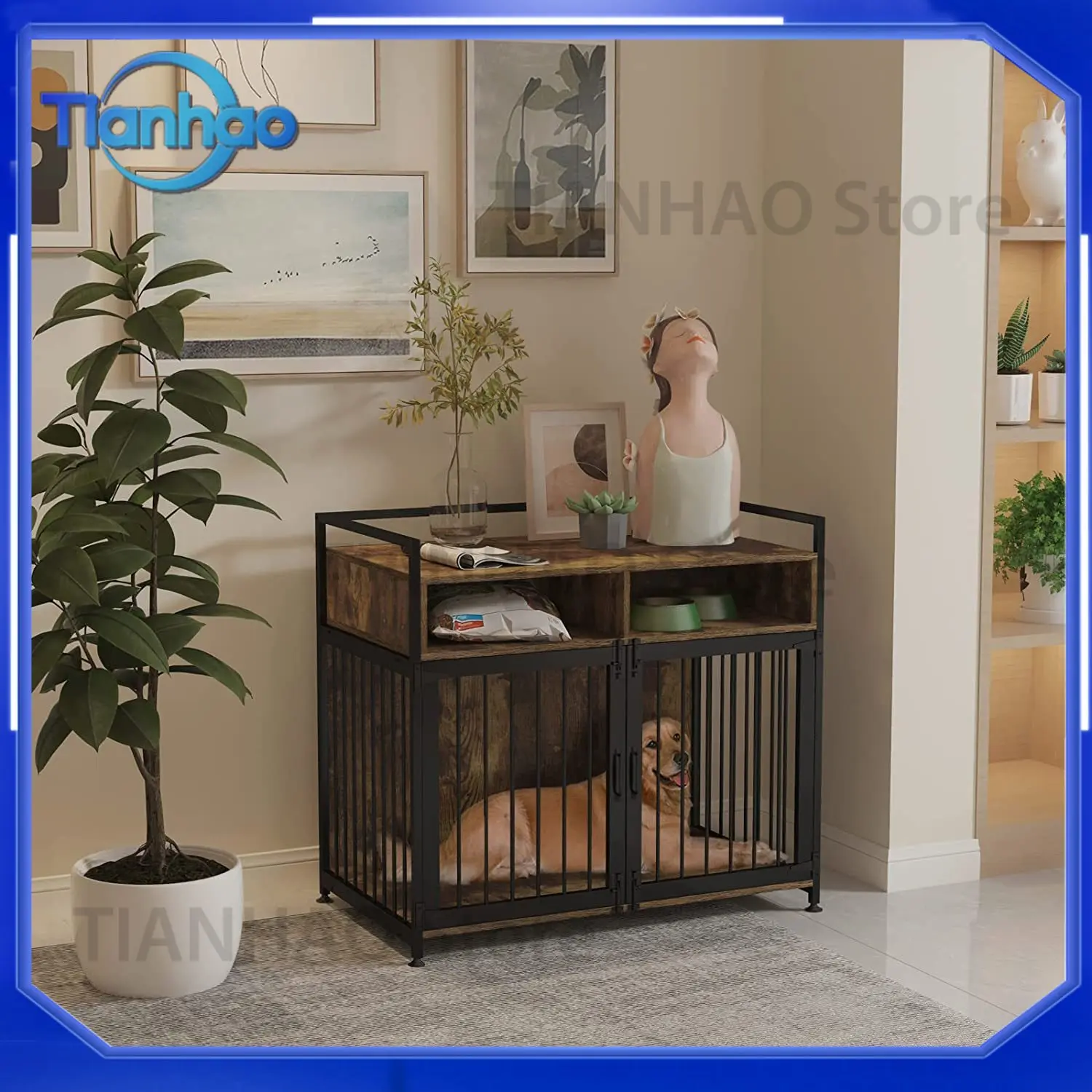 Heavy-Duty Indoor Dog Kennel with Storage for Pets Dog Crate Steel and Wood Structure Pet Cabinet for Dogs