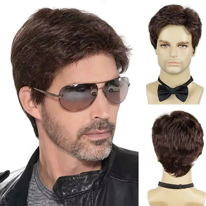 

Men's Short Brown Wig Synthetic Hair Smooth Pixie Cut Toupee Curly Heat Resistant Wigs For Male Men Black