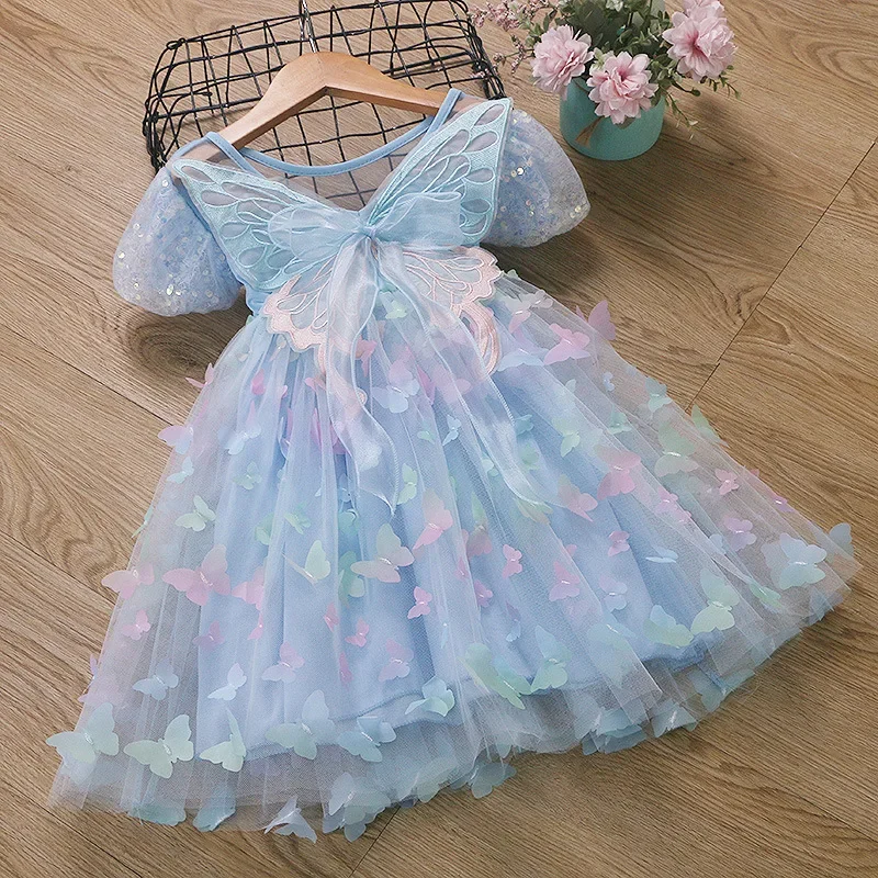 Neonate ali di farfalla fata garza principessa manica a sbuffo vestito adorabili bambini estate Tulle vestito bambino festa di compleanno abito