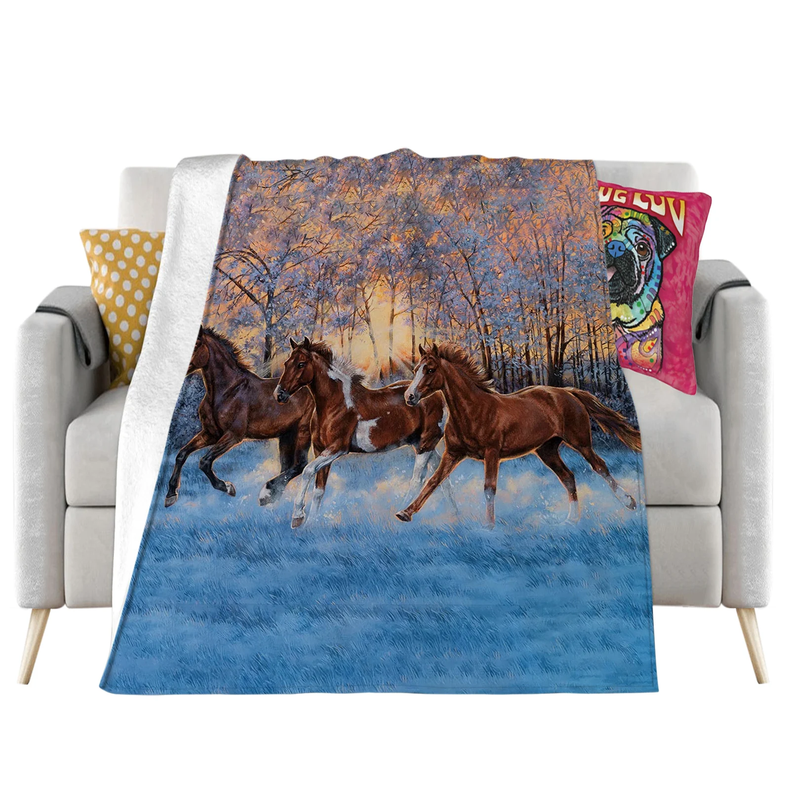 Horses Flannel Blankets Winter Forest Horse 3D Print Throw Blanket Office Nap Portable Quilts Baby Comfort Blanket Dropshipping