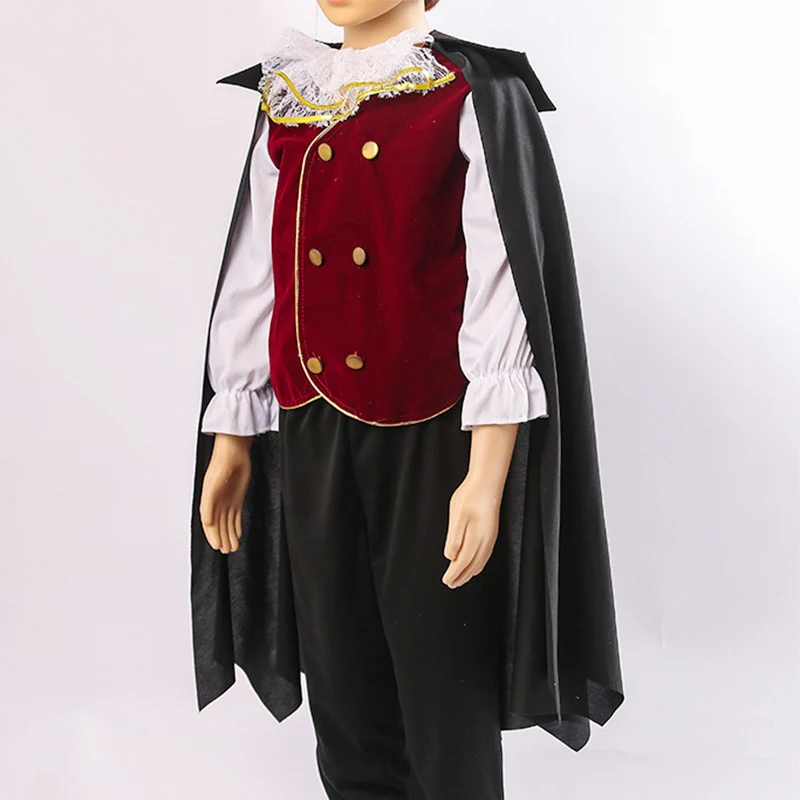 Königliches Vampir-Kostüm für Kinder, 3-teiliges Set, schwarzer Umhang + Oberteil + lange Hose, Halloween-Bösewicht-Cosplay für Jungen, europäisches Vintage-Zombie-Outfit – Detail 7
