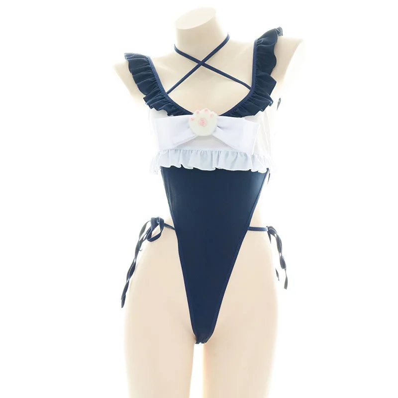 Cute Ruffled Edge One Piece Swimsuit Women High Split Bodysuit Anime Maid Cosplay Swimwear Cat Claw Design Bandage Bikinis view 2