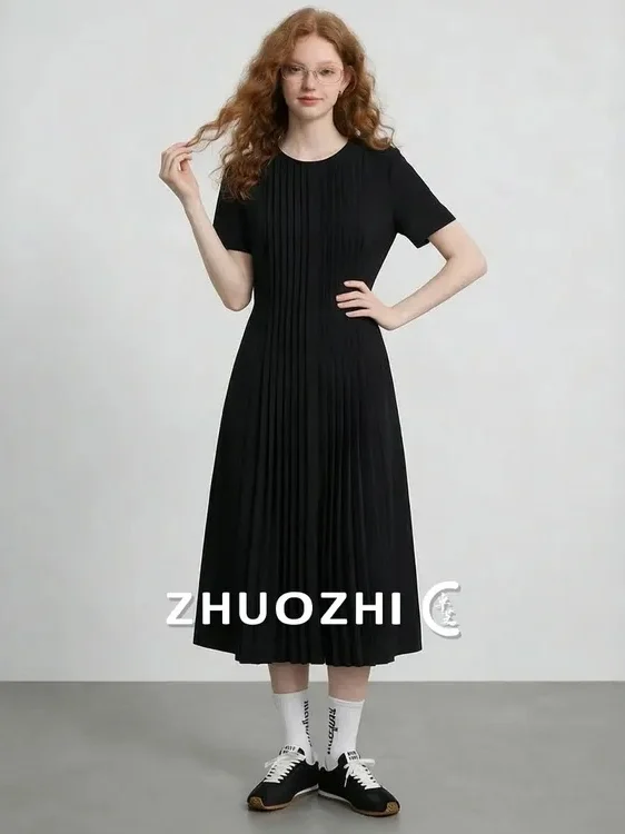 

Летнее минималистичное плиссированное платье ZhuoZhi с круглым вырезом, новое, простое, с коротким рукавом, А-силуэт, женское, модное, во французском стиле, дышащее