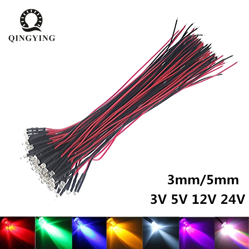 50 peças 3v 5v 12v 24v dc 3mm 5mm diodos led transparentes de água vermelho/verde/azul/amarelo/uv/laranja/rosa/quente/branco/rgb pré-fiado cabo de 20cm