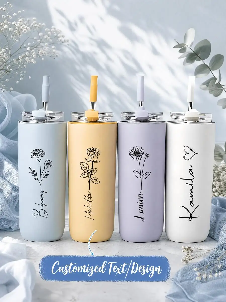 Personalized Vacation Tumbler, Custom Name Stainless Steel Birthday Floral Laser Engraved Straw Cup, Bridesmaid Proposal, Bachel