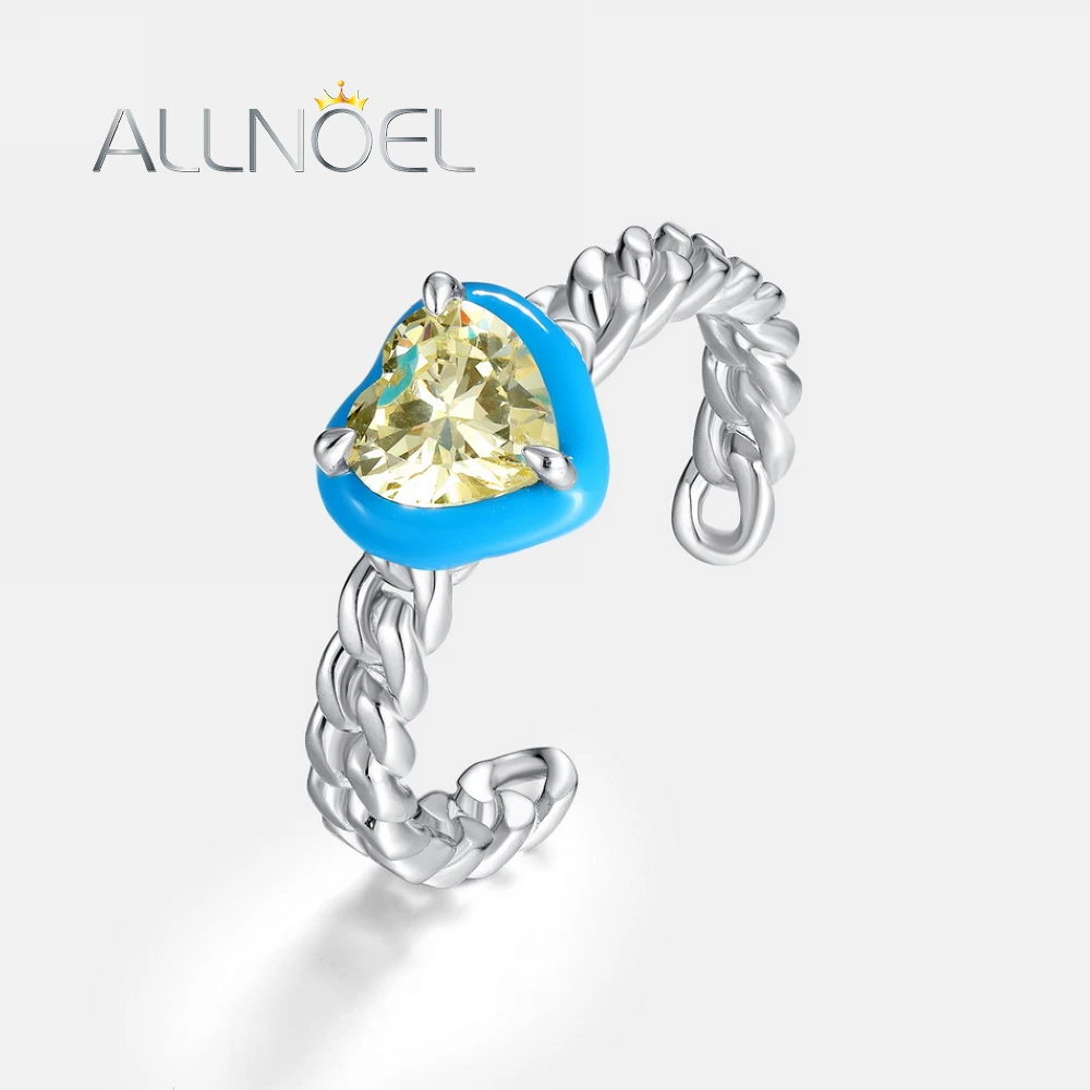 ALLNOEL 925 Sterling Silver Open Rings For Women 5A Yellow Zircon Love Heart  Blue Enamel Lovely Chic Wedding Gifts Fine Jewelry