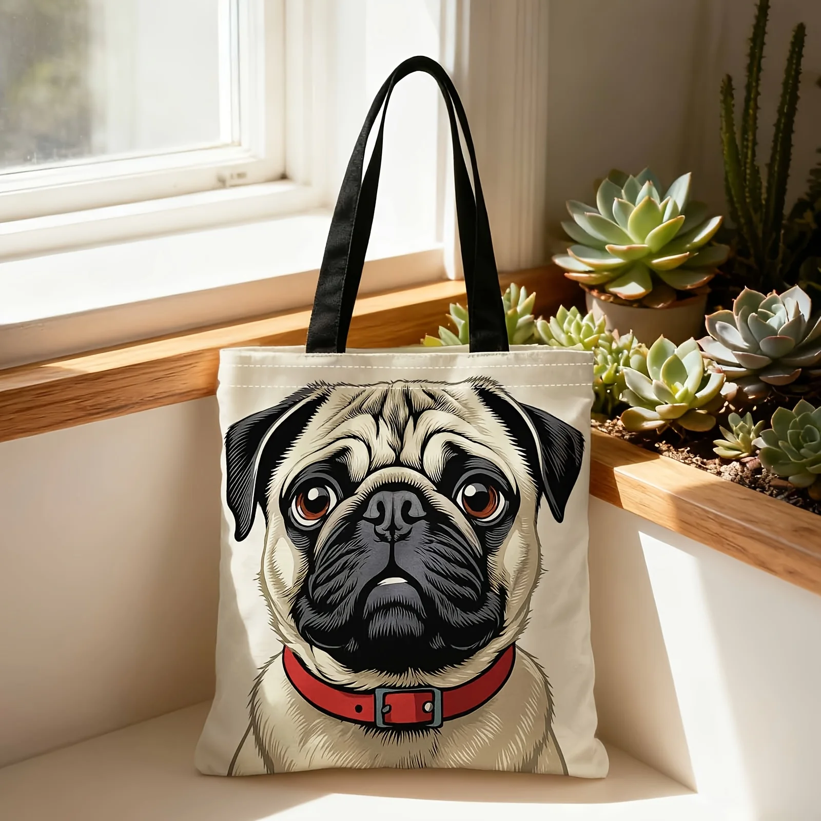 

Women's Large Capacity Tote Bag, Cute Pug Dog Red Collar, Dog Lover Casual Handbag for Commute Beach Shopping