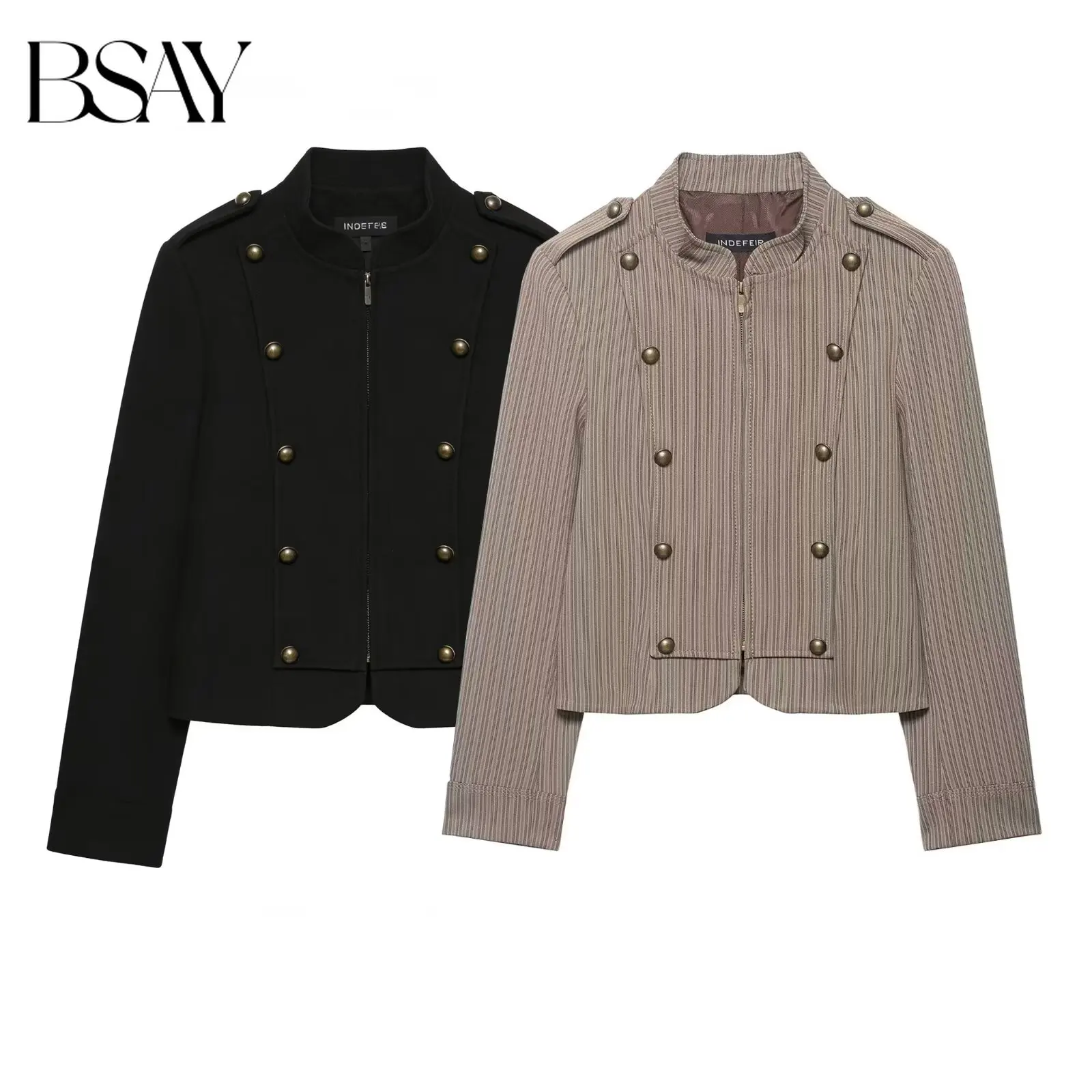

Женский элегантный приталенный укороченный пиджак BSAY 2026 с полосками, на молнии, с длинными рукавами, повседневная уличная куртка для женщин