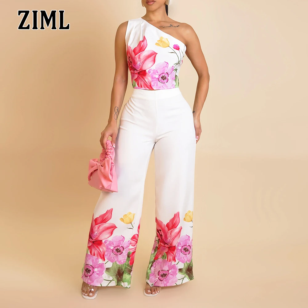

ZIML Hit Color Printing Two Piece Sets for Women Diagonal Collar Sleevelss Short Tops High Waist Loose Pants Casual Set Female