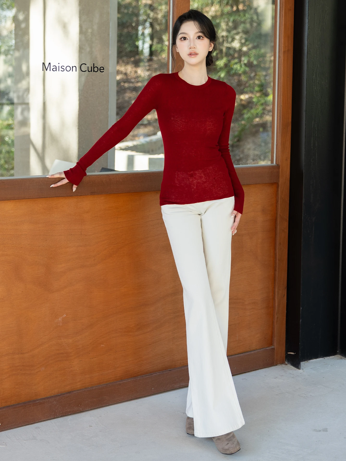 

Red Knitted Wool Base Layer irt round Ne New Year SerioLudere Egg Lazy Women's Faion Simple Sle Slim Fit Long Sve