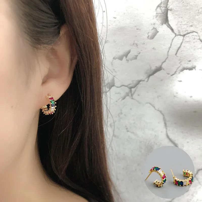 

100% 925 Sterling Silver Gold Zircon Geometric Earrings for Women Girl Colorful Square Jewelry Birthday Gift Dropshipping