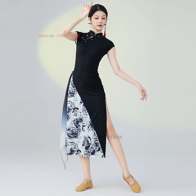 

2025 traditional chinese dance costume flower print qipao cheongsam dress retro training exercise stage performance folk dress
