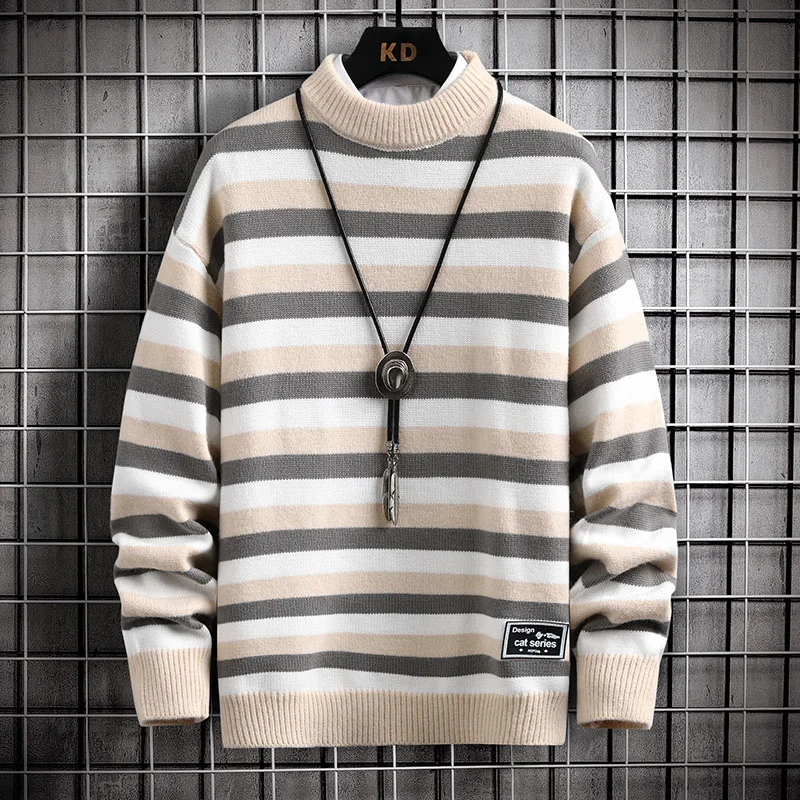 

New Autumn 2023 Winter Loose Striped Sweater Men Thick Warm Mens Pullover Sweaters Long Sleeve Turtleneck Male Knitted Jumper