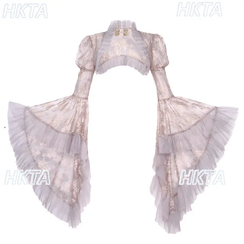 Y2k Fashion Summer New Elegant Sweet Lace Pleated Mesh Top Shirt Temperament Gorgeous Horn Long Sleeve Shawl Lolita Jacket Women