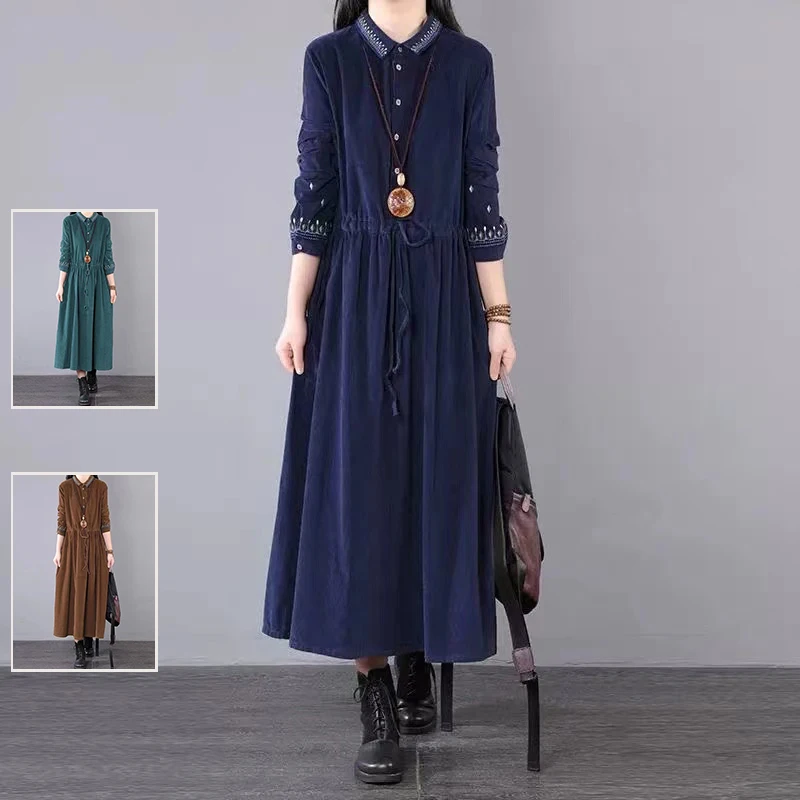 

Длинная хлопковая бархатная юбка в стиле ретро с воротником irt на талии и поясом, осенне-зимняя юбка трапециевидной формы с высокой талией для женщин больших размеров