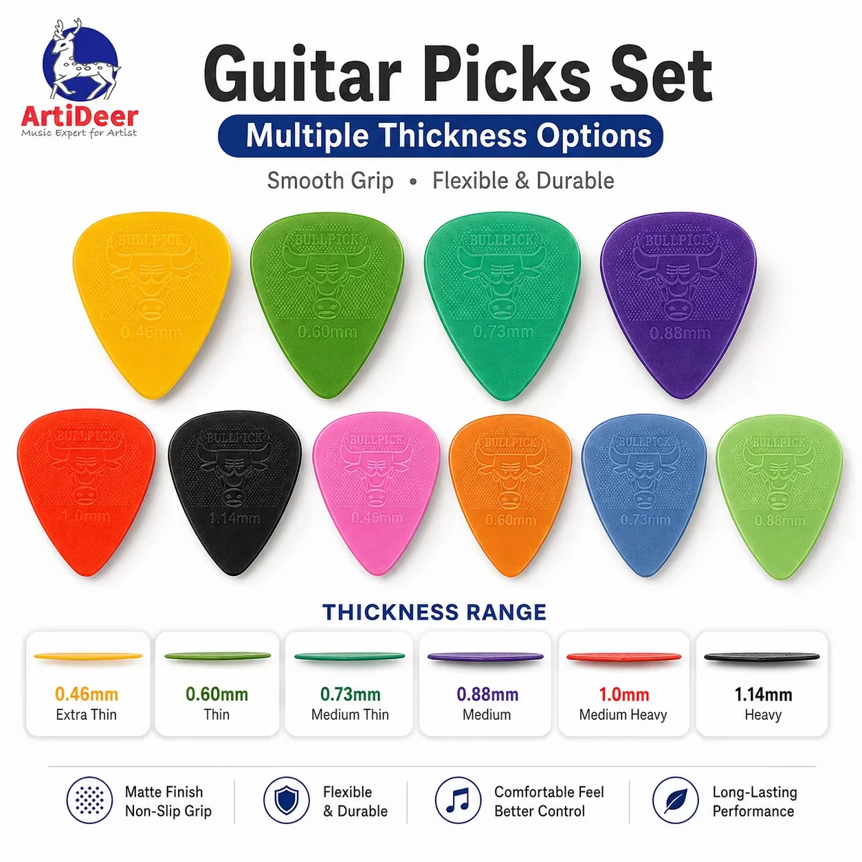 plettri-per-chitarra-6-spessori-da-046-a-114-mm-antiscivolo-finitura-opaca-per-chitarra-e-basso