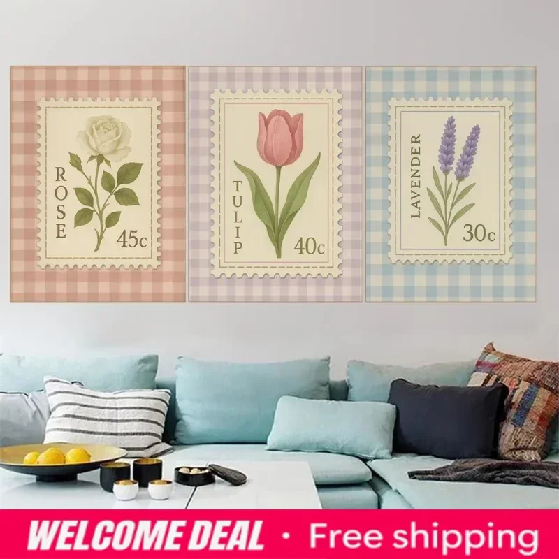Vintage Floral Symbolism Print Poster Colourful Botanical Flowers with Gingham Canvas Painting Wall Art Living Room Home Deco