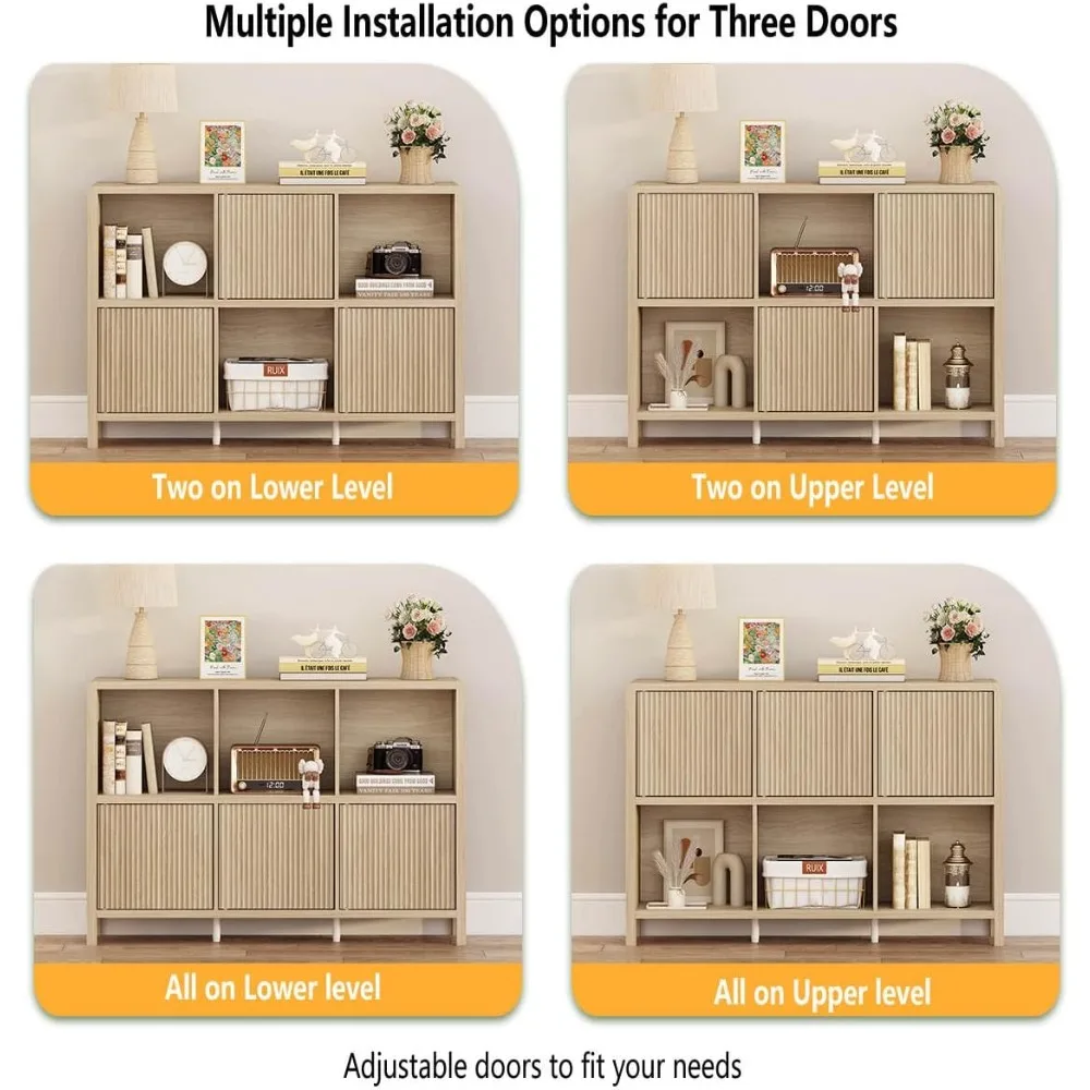 رف كتب خشبي أفقي حديث مع 3 أبواب، خزانة كتب حجيرة للتخزين للمكتب المنزلي، لون فاتح