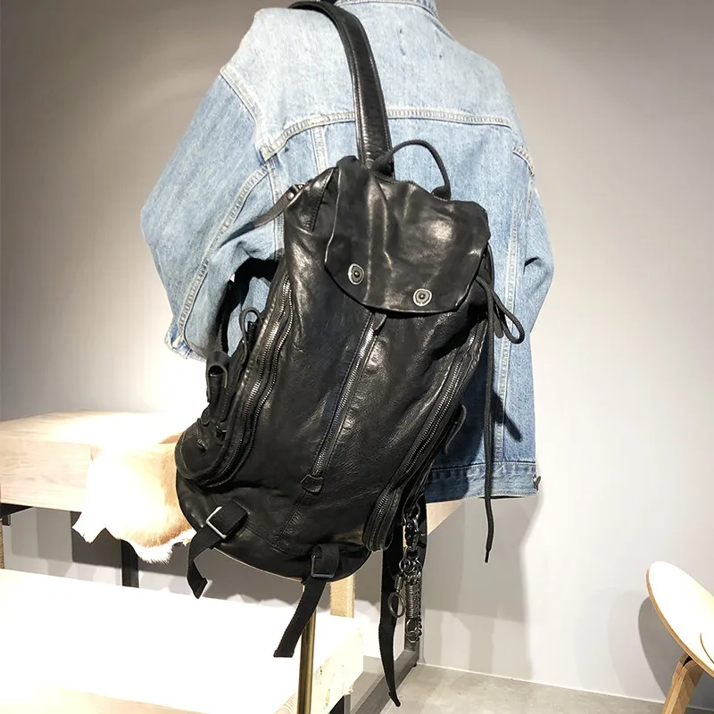 

Casual designers handmade high-quality genuine leather men's women's black backpack outdoor travel soft real cowhide schoolbag