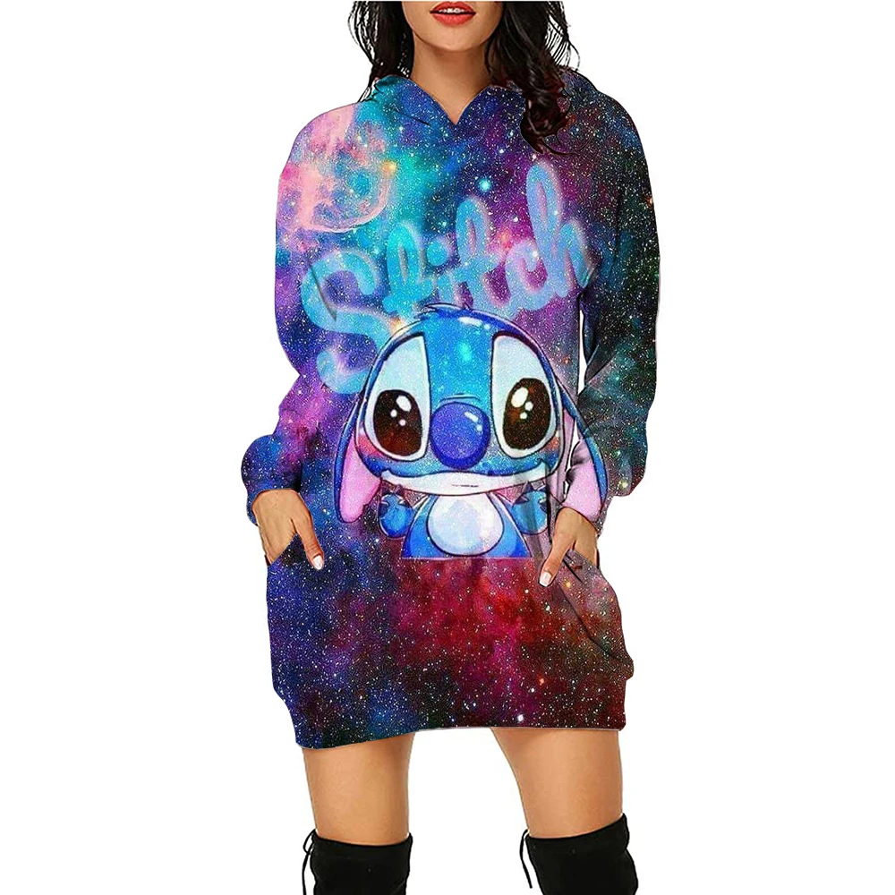 New Disney Stitch print Hoodie Dress Sweater Fashion Disney Dress Sweatshirt Dress 3d Allover Printing Women\'s Hoodie