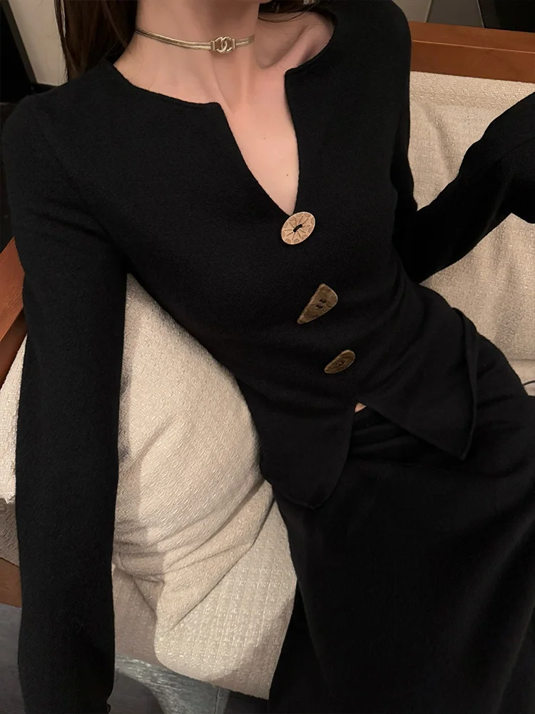 

Облегающий трикотаж V-Ne, женский модный повседневный трикотаж с завышенной талией, черный длинный свеч, верхняя часть на пуговицах