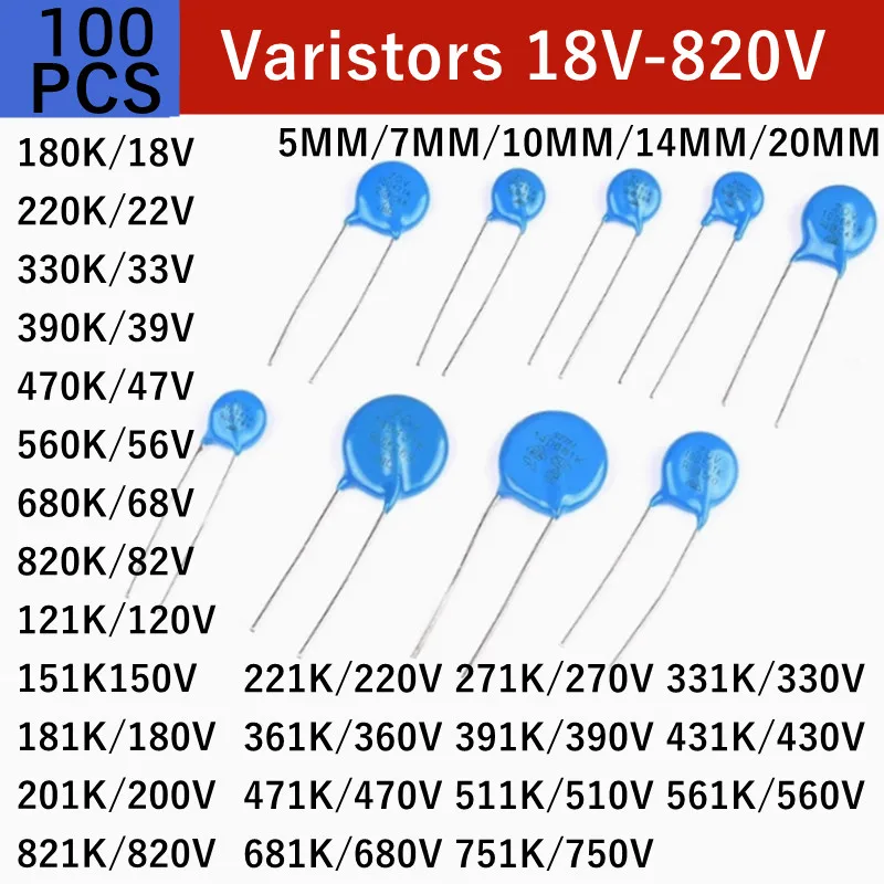

100PCS Varistors 20D/20MM 221K/220V 271K/270V 331K330V 361K360V 391K390V 431K430V 471K470V 511K510V 561K560V 681K680V 750V 820V
