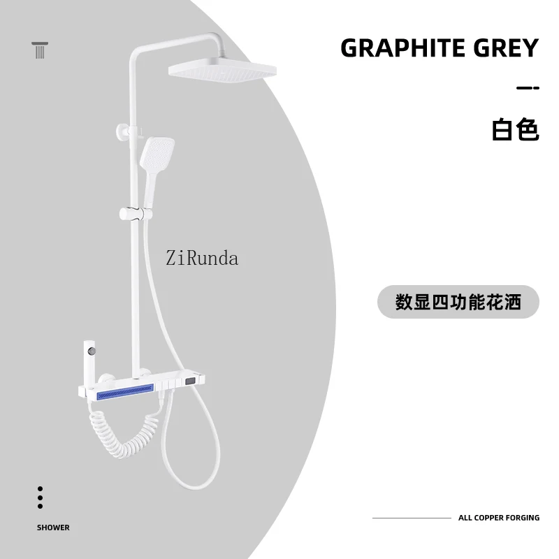 طقم دش ثرموستاتي من النحاس بالكامل مع رذاذ يدوي ورف عريض ودش مضغوط كبير الحجم باللون الأبيض