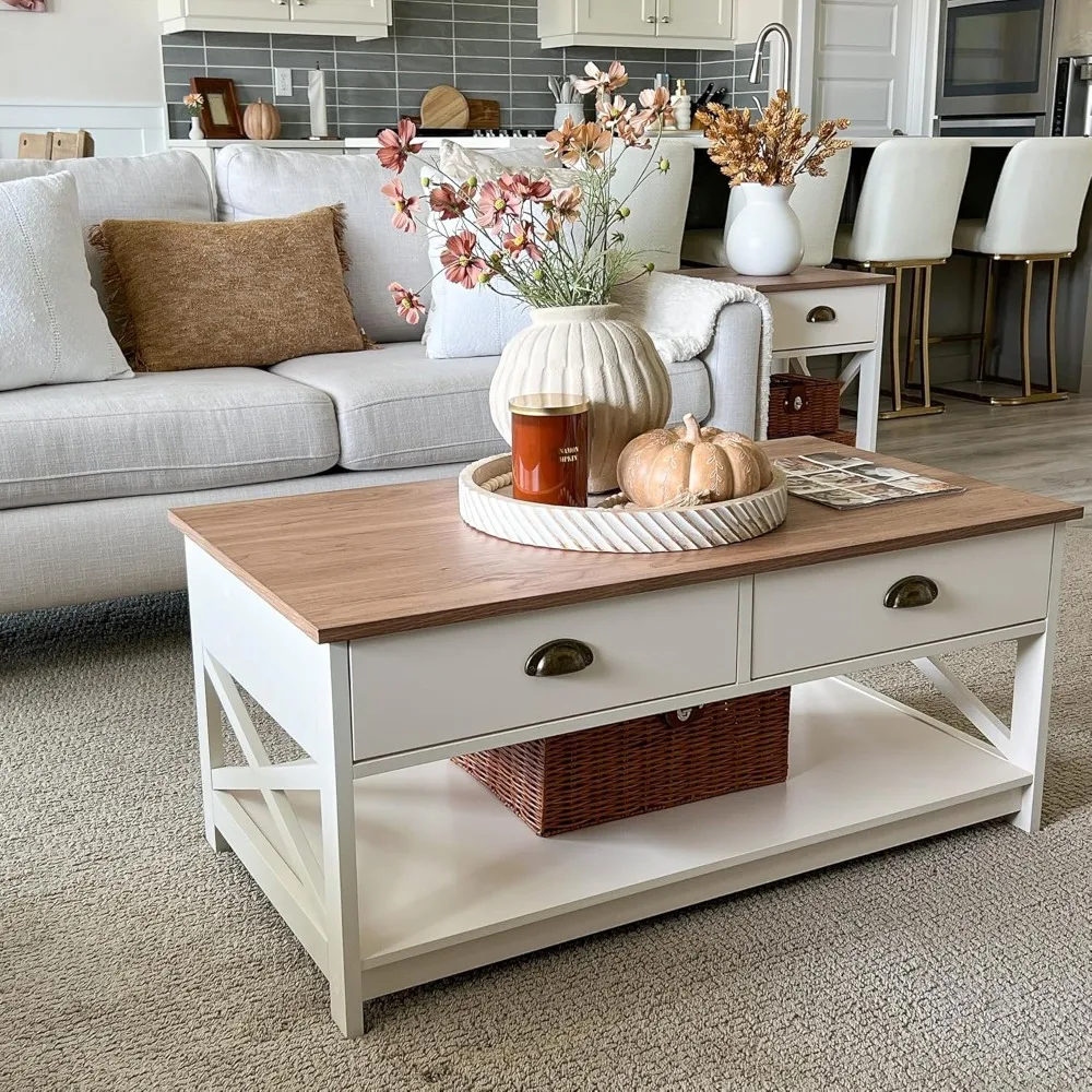 

Coffee Table for Living Room - Farmhouse Modern Coffee Tables with Storage, Ivory White Coffee Table