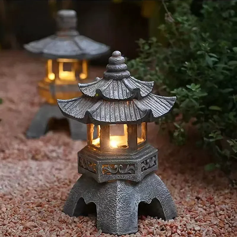 Solar Powered Japanese Pagoda Lantern Waterproof Outdoor Garden Decor Light Automatic Luminescence Zen Style Yard Pathway Lamp