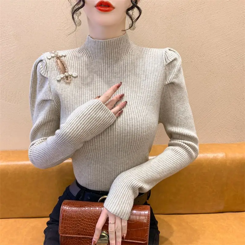 Crystal Knot Button Knitted Sweater New Autumn Winter Elasticity Slim Turtleneck Sweater Long Sleeve Office Lady Elegant Shirt