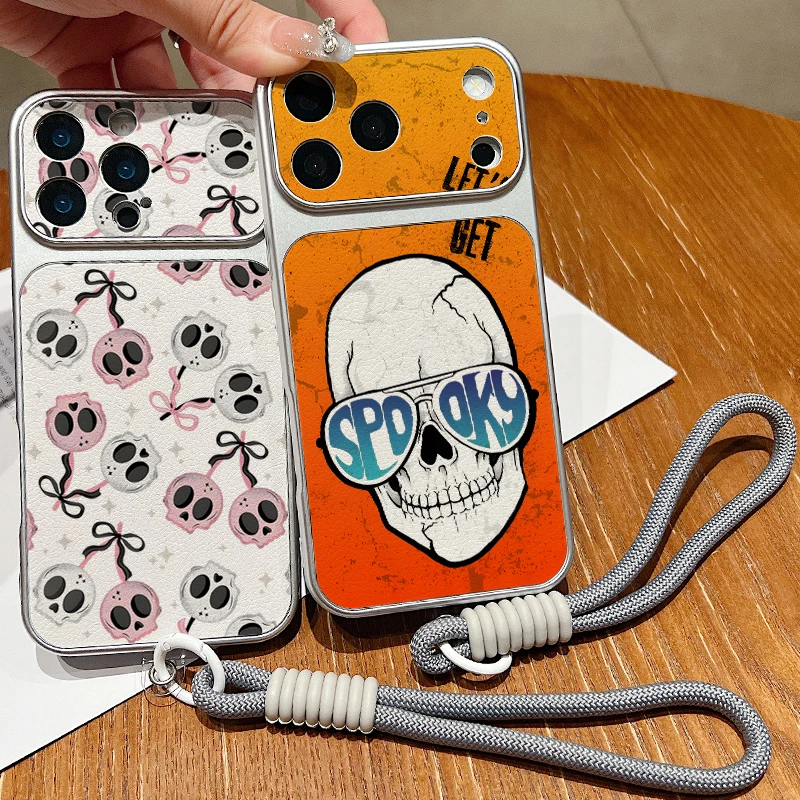 Leather Texture Phone Case For iPhone 17 Pro 16 15 14 13 Pro Max Skeleton Skull Pattern Wrist Strap Lanyard Soft TPU Matte Cover view 3