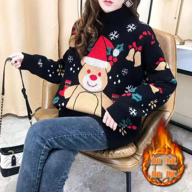 Christmas Red Cartoon Pattern Sweater Female Spring Autumn Turtleneck Knitting Bottoming Shirt Loose All-match O-neck Top Tee
