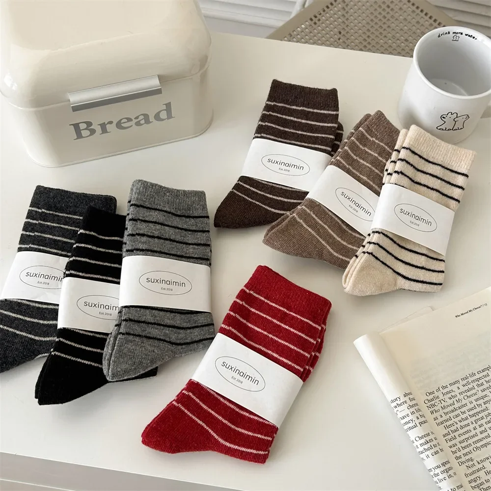 

Wool Socks Women Girls Autumn and Winter Thicken Warm Middle-tube Socks College Style Striped Wool Cashmere Thermal Long Socks