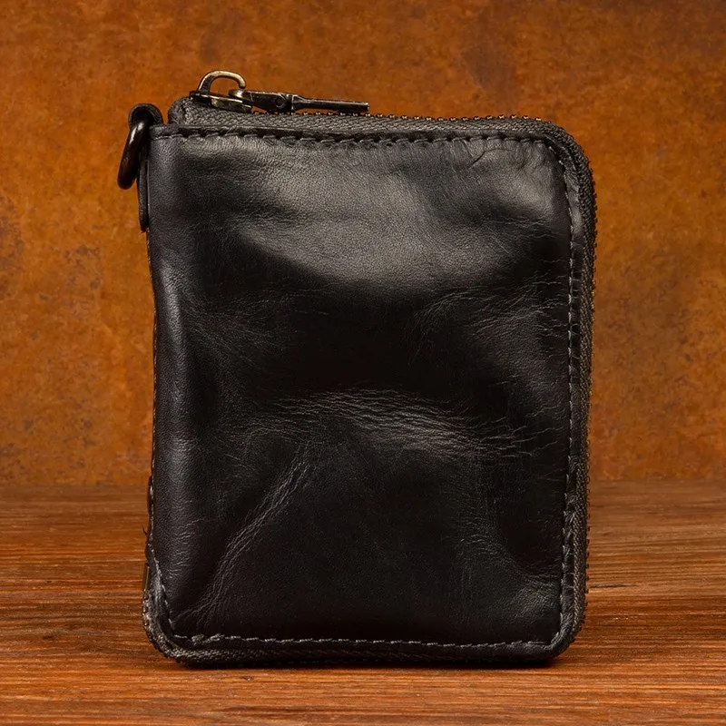 The first layer of leather zippers for men and women short wallet leather hand-painted retro wallet card vertical.