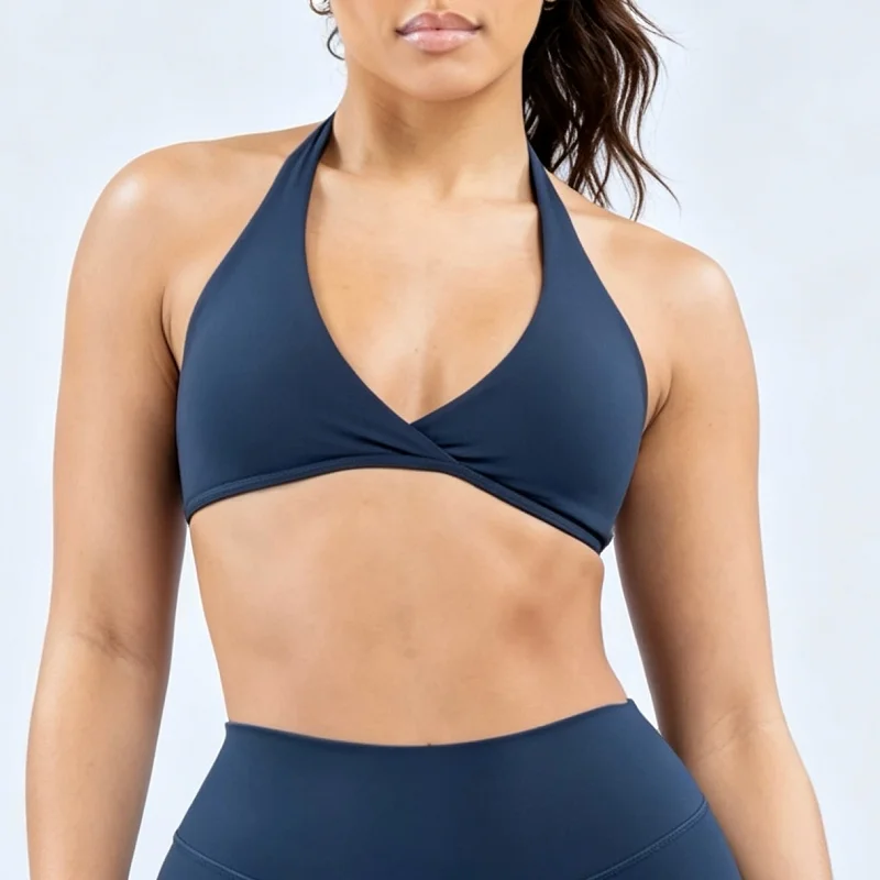 Origin Halter Bra Women Cross V‑Neck Sports Top Removable Padded Pilates Yoga Athletic Wear Stretch Quick‑Dry Gym Workout Bra