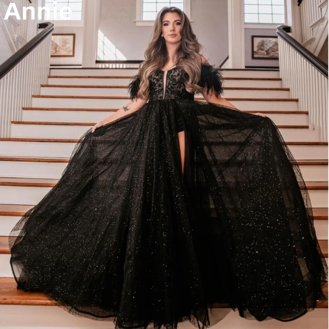 Annie Black Lace Embroidery Prom Dresses Glitter Tulle Feathers Evening Dresses Formal Occasions Party Dresses فساتين السهرة