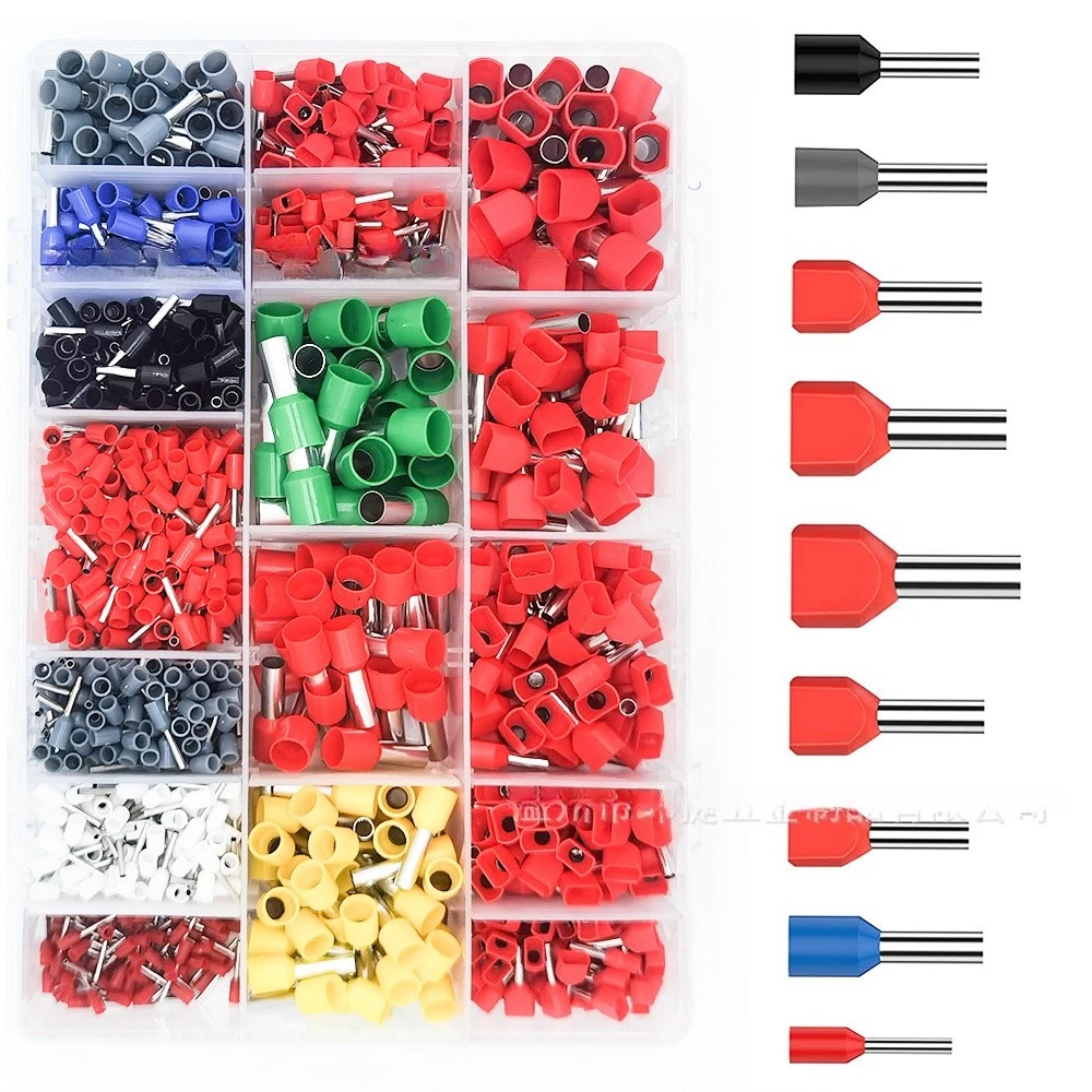 1200Pcs TE VE Wire Ferrules Assortment Box European Pre-insulated Cold Crimp Terminals Electrical Cable End Sleeves Kit