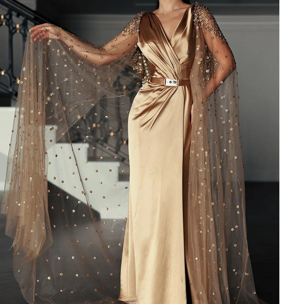 Exquisite Belt Lace Satin Straight Evening Dress Luxury Floor Length V-Neck Long Sleeves فساتين سهره نسائيه فخمة