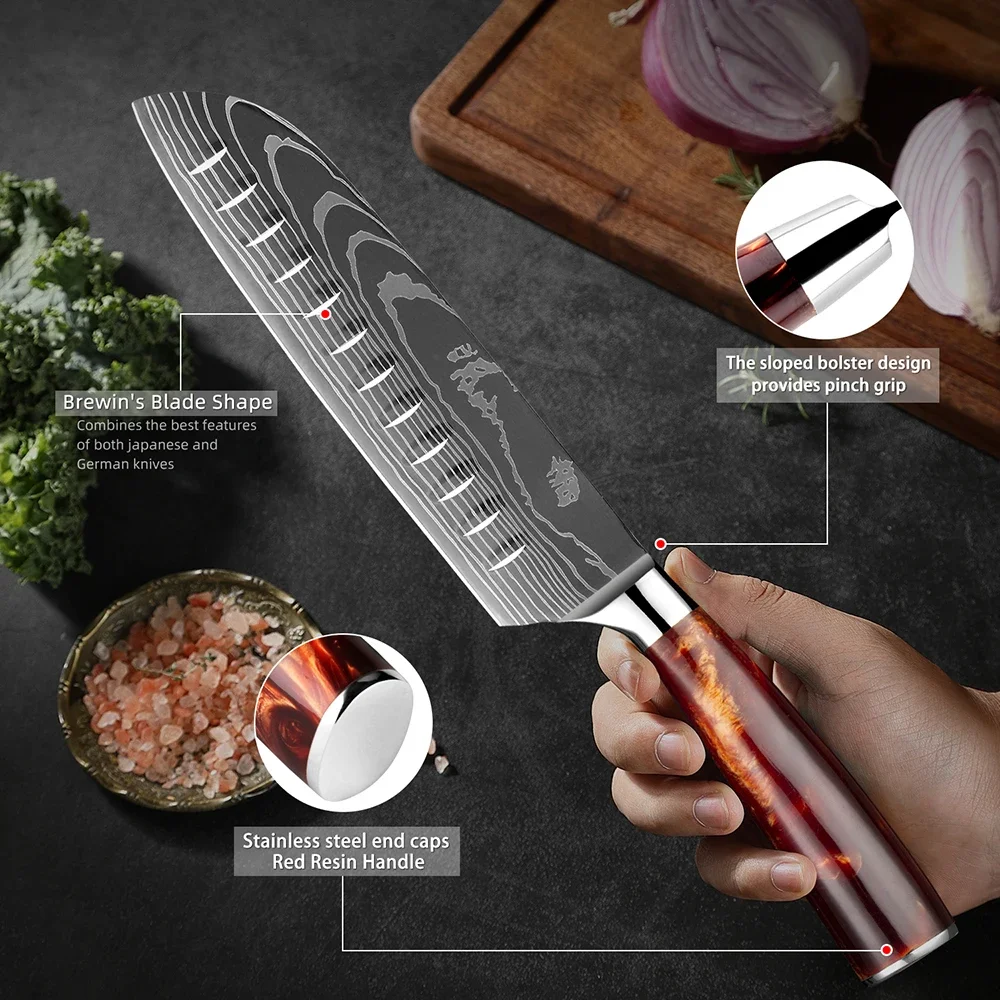 7 Inch Santoku Knife Kitchen Knives Ultra Sharp Japanese Chefs Knife Pro Chopping Knife Damascus Laser Pattern Resin Handle