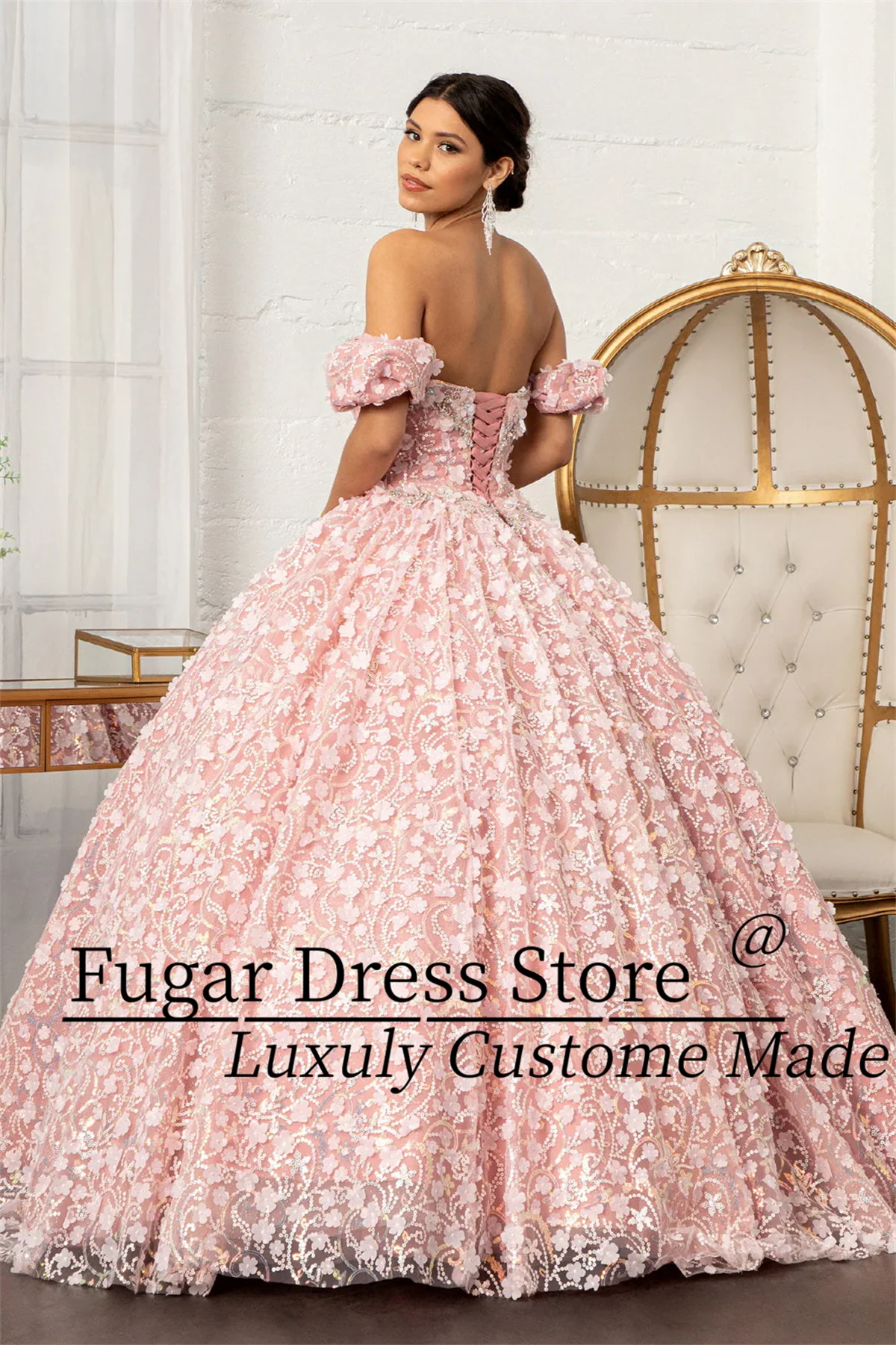 Fashion Rose Pink Princess Quinceanera Dresses Fashion Delicate 3D Flower Decal Long Shoulder Exposed Vestidos De 15 Anos 24