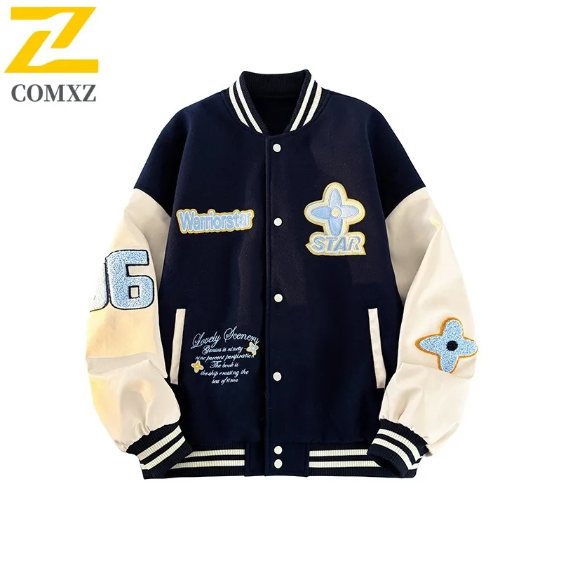 

​Men Embroidered Baseball Jacket American Style Retro Sport Coat Vintage Casual Oversized Outerwear with Stitching​ Streetwear