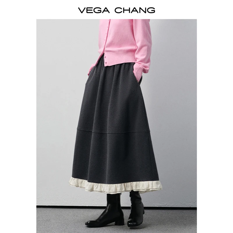

Vega Chang New Autumn and Winter Women's Skirt with Contrasting Colors, Ruffled Edges, Retro Lazy Style, Large Skirt Hem, Long Skirt