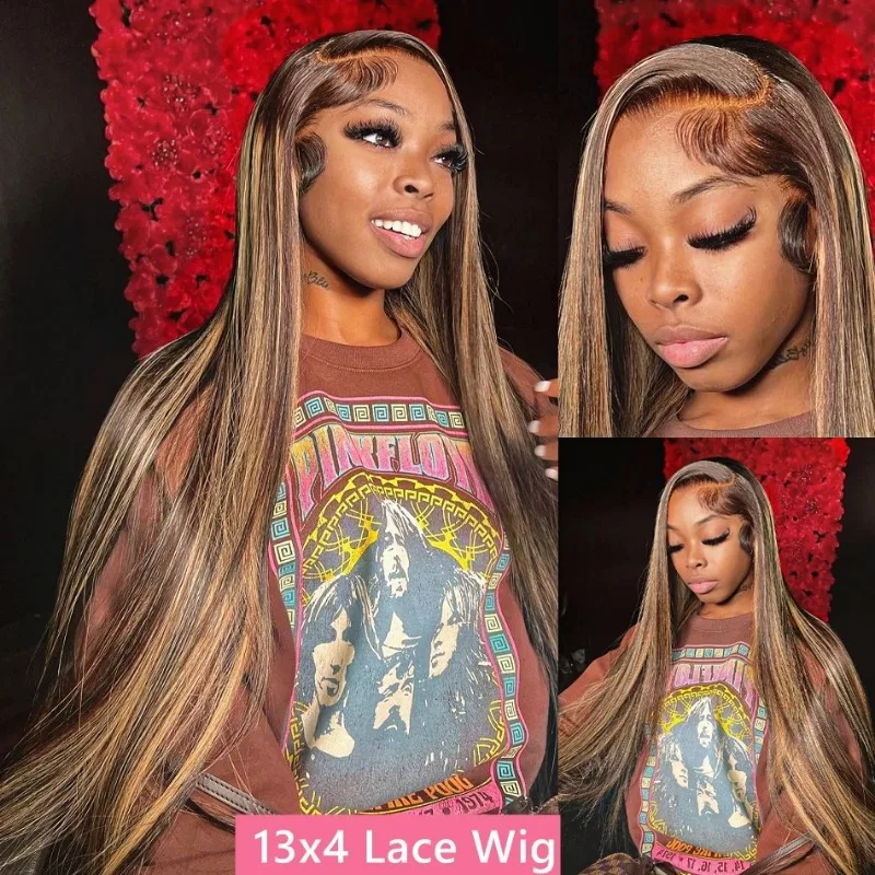 Glueless 4/27 Highlight Ombre Straight Wigs Pre Plucked With Baby Hair Brazilian Bone Straight Lace Front Human Hair Wigs