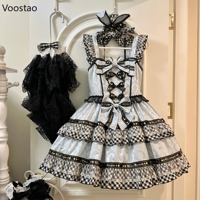 Abito gotico giapponese Lolita Jsk donna dolce Y2k fiocco Plaid Ruffles Patchwork abito senza maniche ragazze Kawaii Tea Party Mini abito